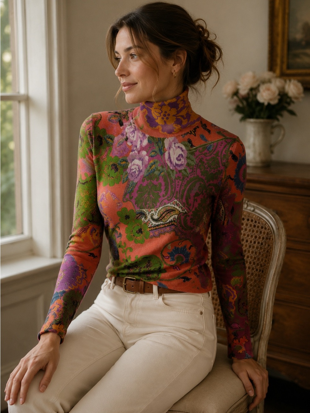 Etro Milano Silk Cashmere Floral Paisley Turtleneck Sweater Size 40 US 4 Small